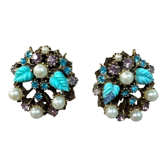 Vtg Florenza Clip On Earrings Faux Pearls Turquoise Leaves Rhinestones Art Deco - Picture 1 of 6